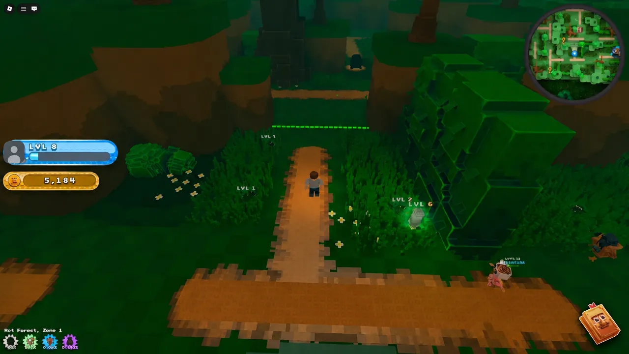 Player character running along the central dirt path with the HUD and minimap on screen