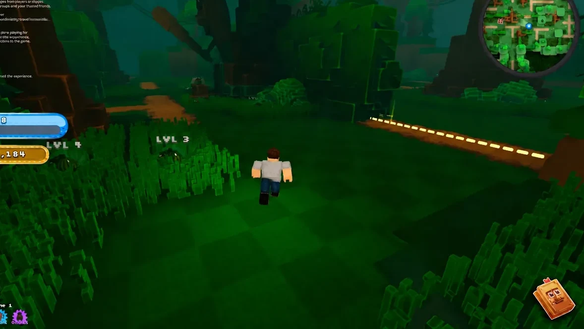 Player character standing in a green interior space with a lit path ahead and level labels on screen