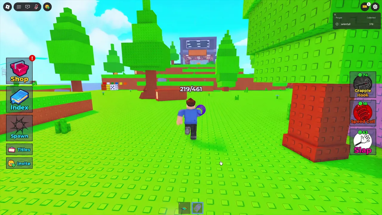 Player running past spawn toward the purple building with the Grapple Hook tool in the hotbar