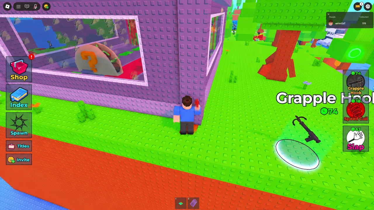 Avatar standing at the Grapple Hook purchase area behind the building where the traffic cone sits