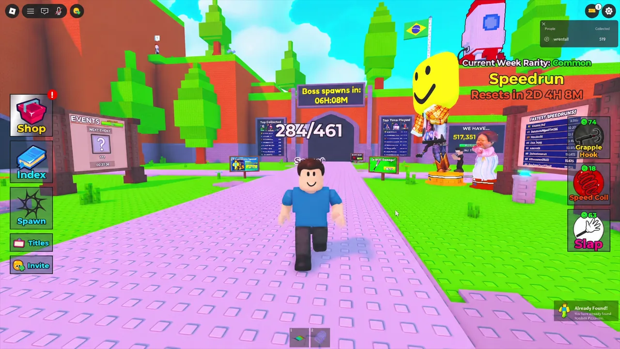 Player standing in the central plaza of the hub with the Shop button highlighted