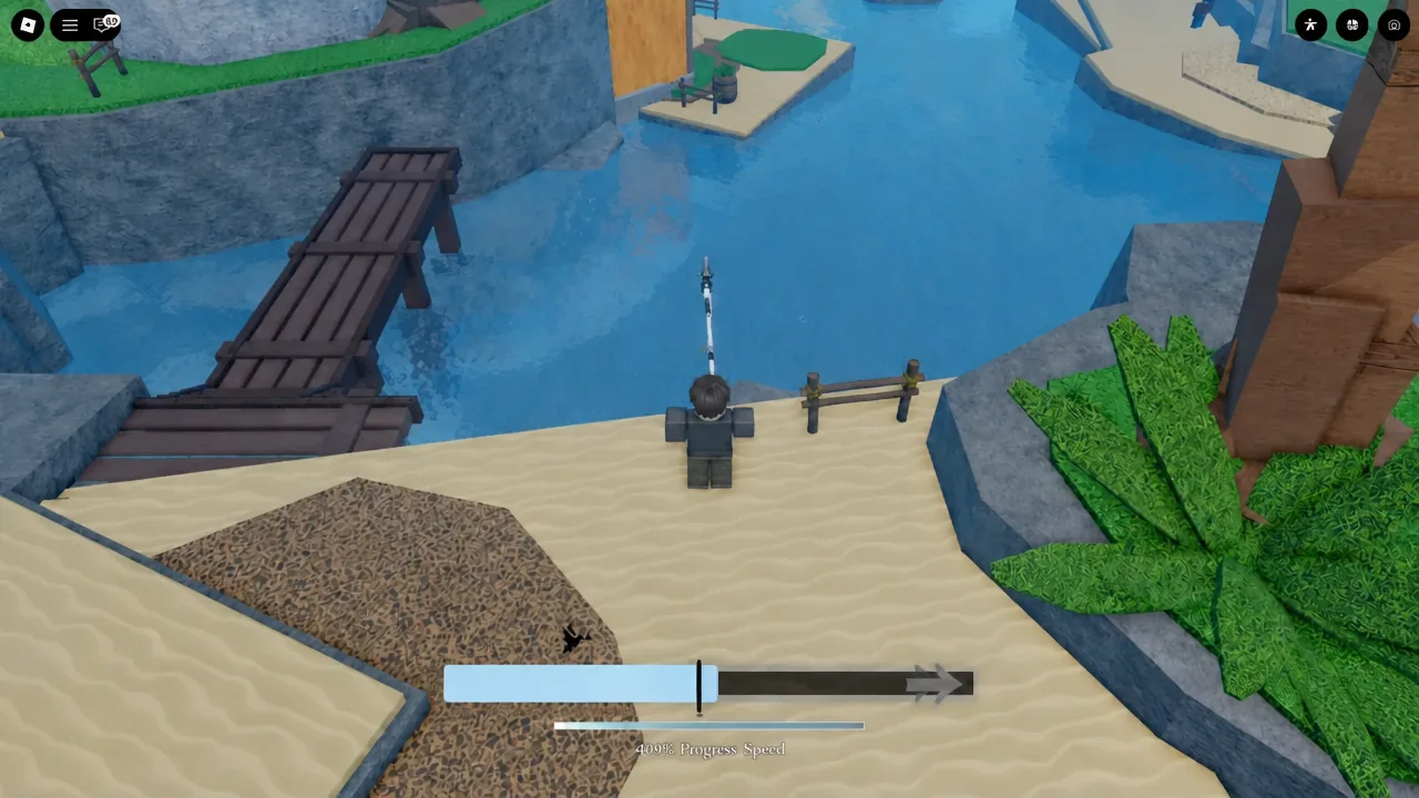 Fishing minigame control bar filling as a catch is reeled in from the shoreline