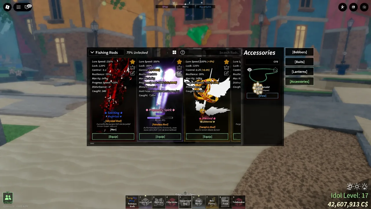 Accessories tab open in Fisch showing the Crest Amulet entry and its View button