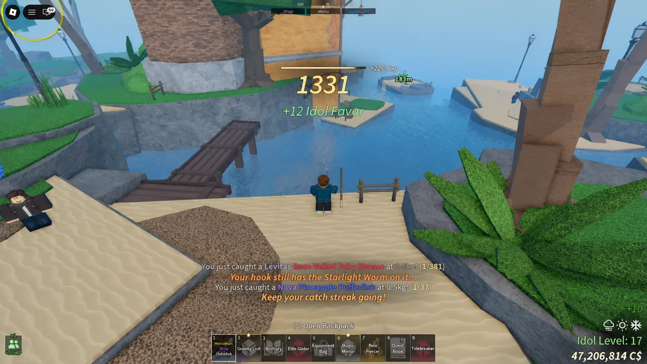 Rod loadout in Fisch shown before taking a relic to the Keepers Altar