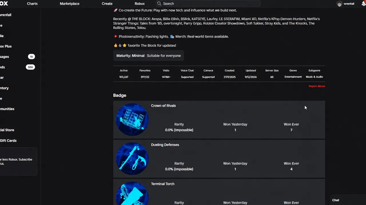 Badges section of The Block experience page showing the Crown of Rivals badge with rarity and win stats
