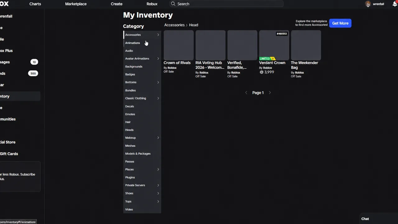 Roblox inventory filtered to head accessories with Crown of Rivals listed as owned