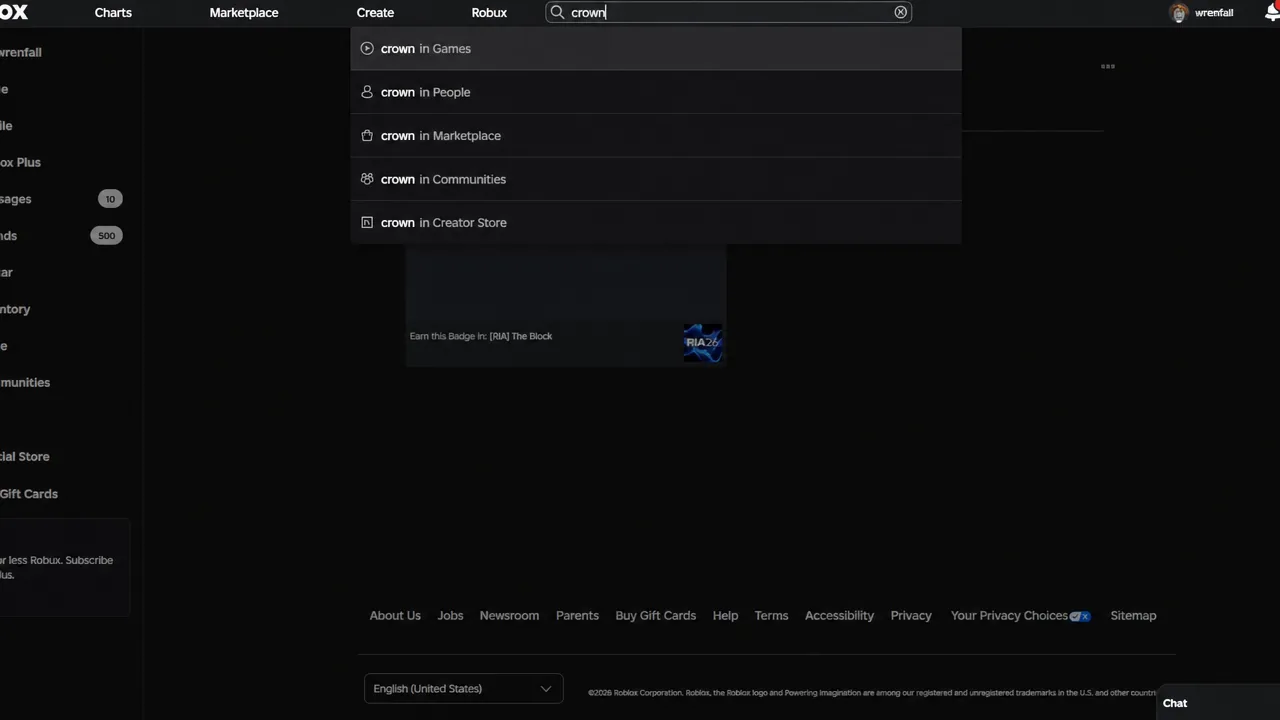 Roblox search dropdown showing crown in Games while typing the word crown