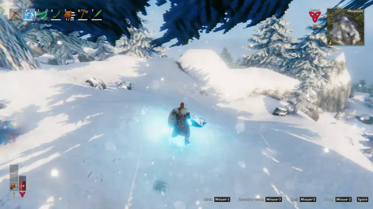 Player running across snowy Mountain terrain with the combat HUD and attack prompts on screen