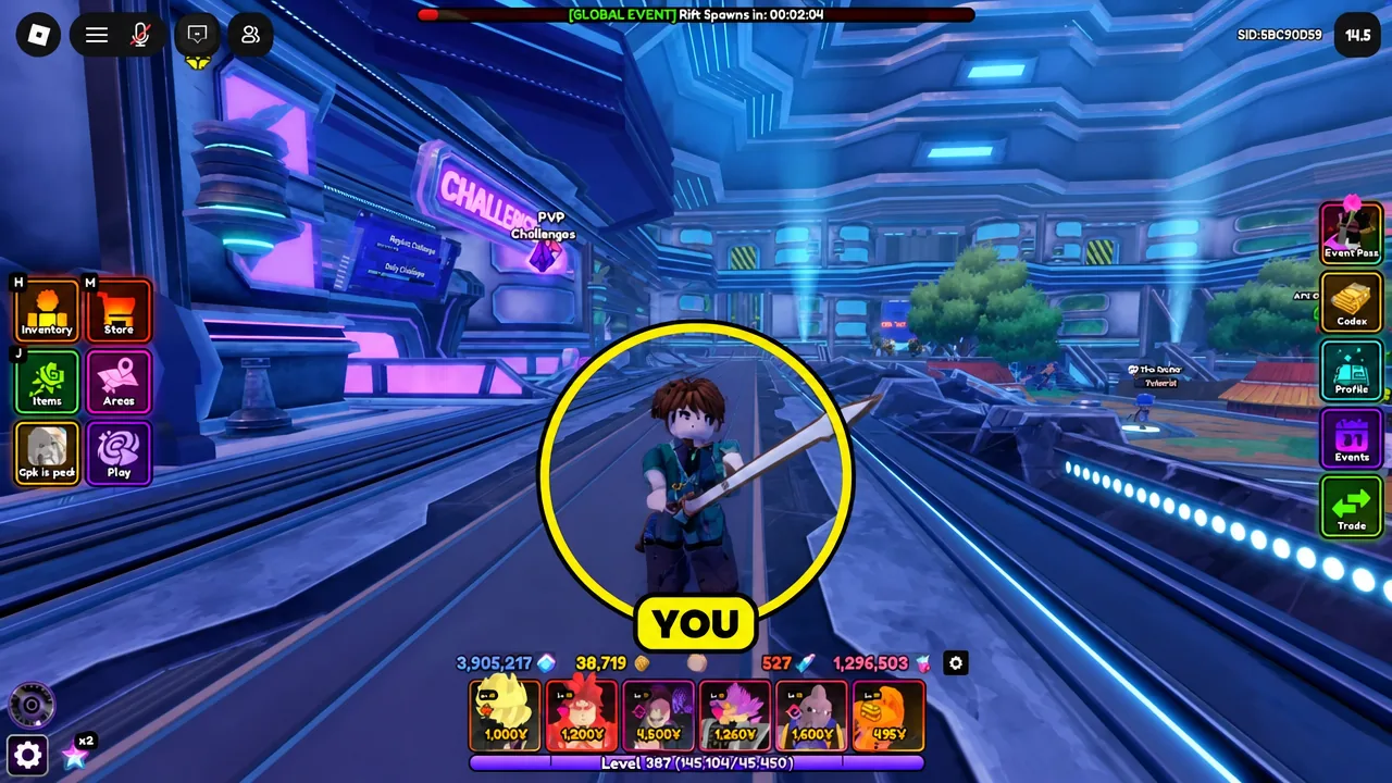 Player character marked with a yellow YOU indicator while walking through the Anime Vanguards lobby