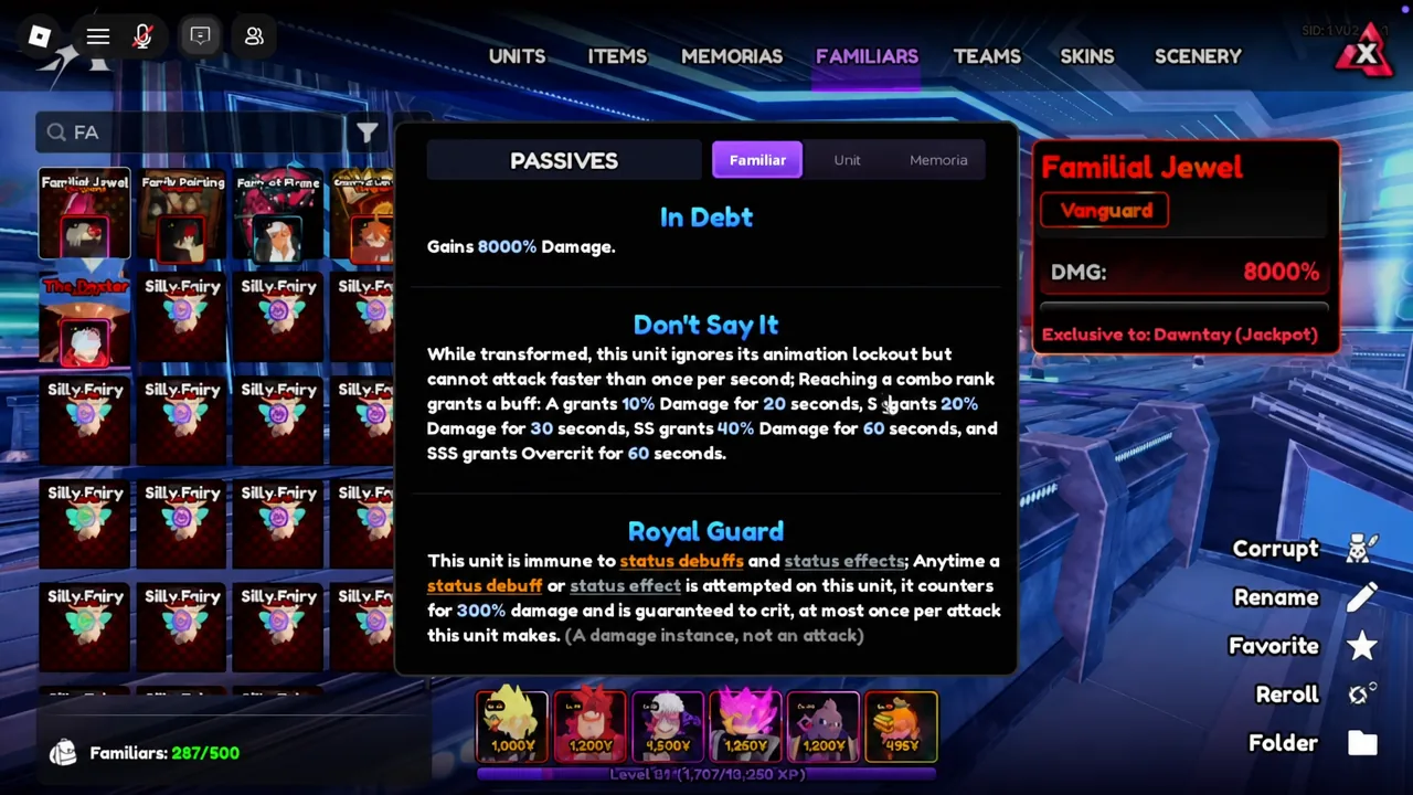 Familiars screen with the Familial Jewel selected and its three passive abilities listed