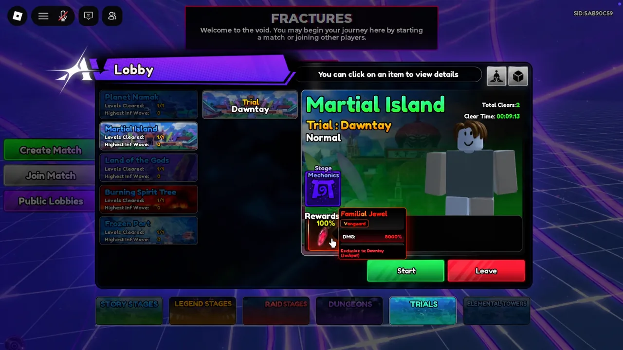 Martial Island Trial: Dawntay panel with the Familial Jewel reward tooltip open