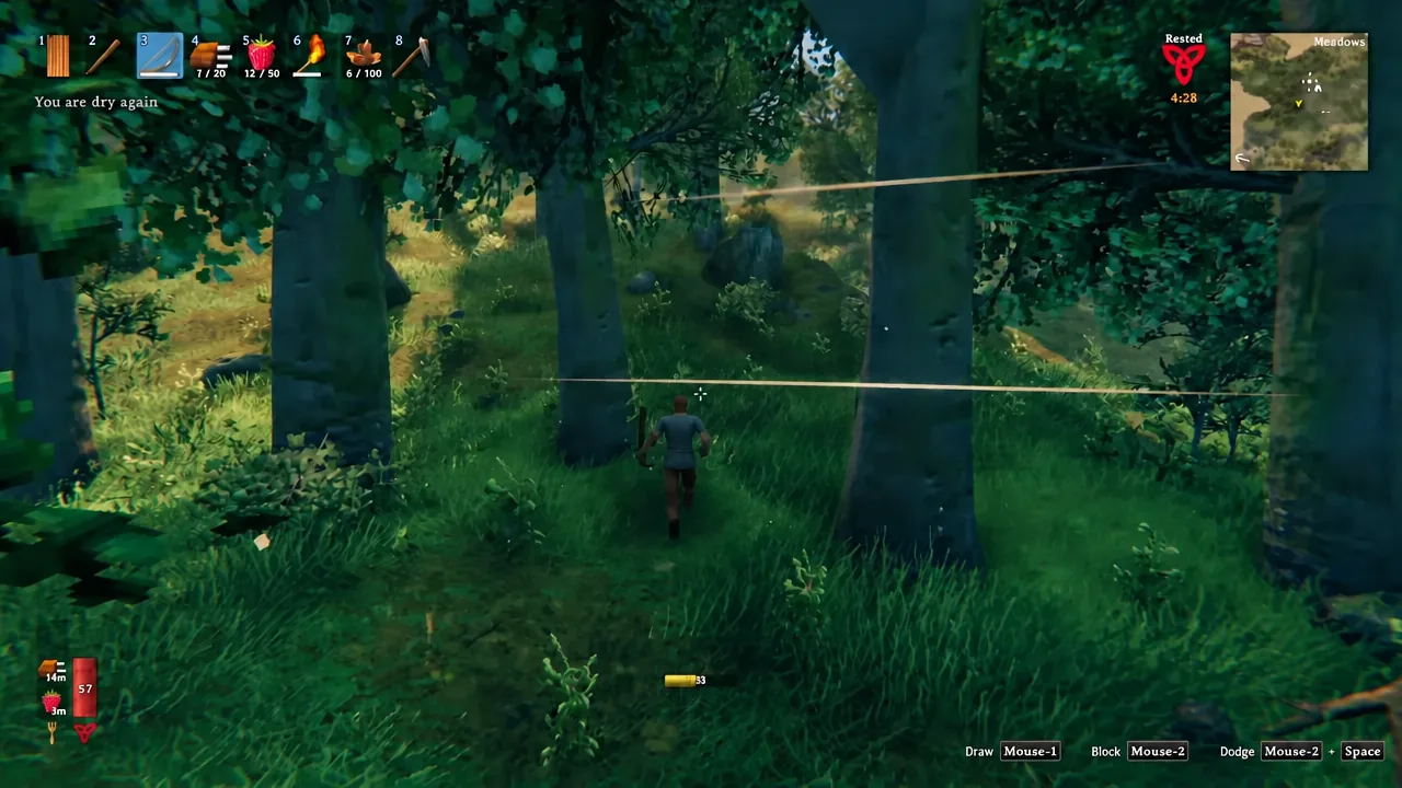 Player moving through forest cover in Valheim with the bow selected in hotbar slot 3