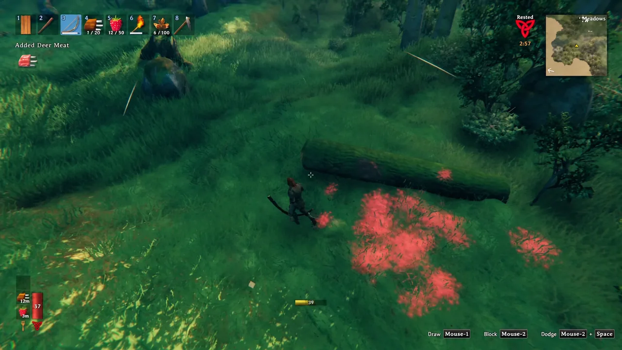 Valheim HUD after collecting Deer Meat, with the player crossing a meadow to continue hunting