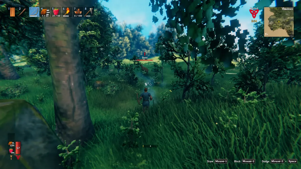 Player lining up a bow shot on a deer in the Meadows in Valheim