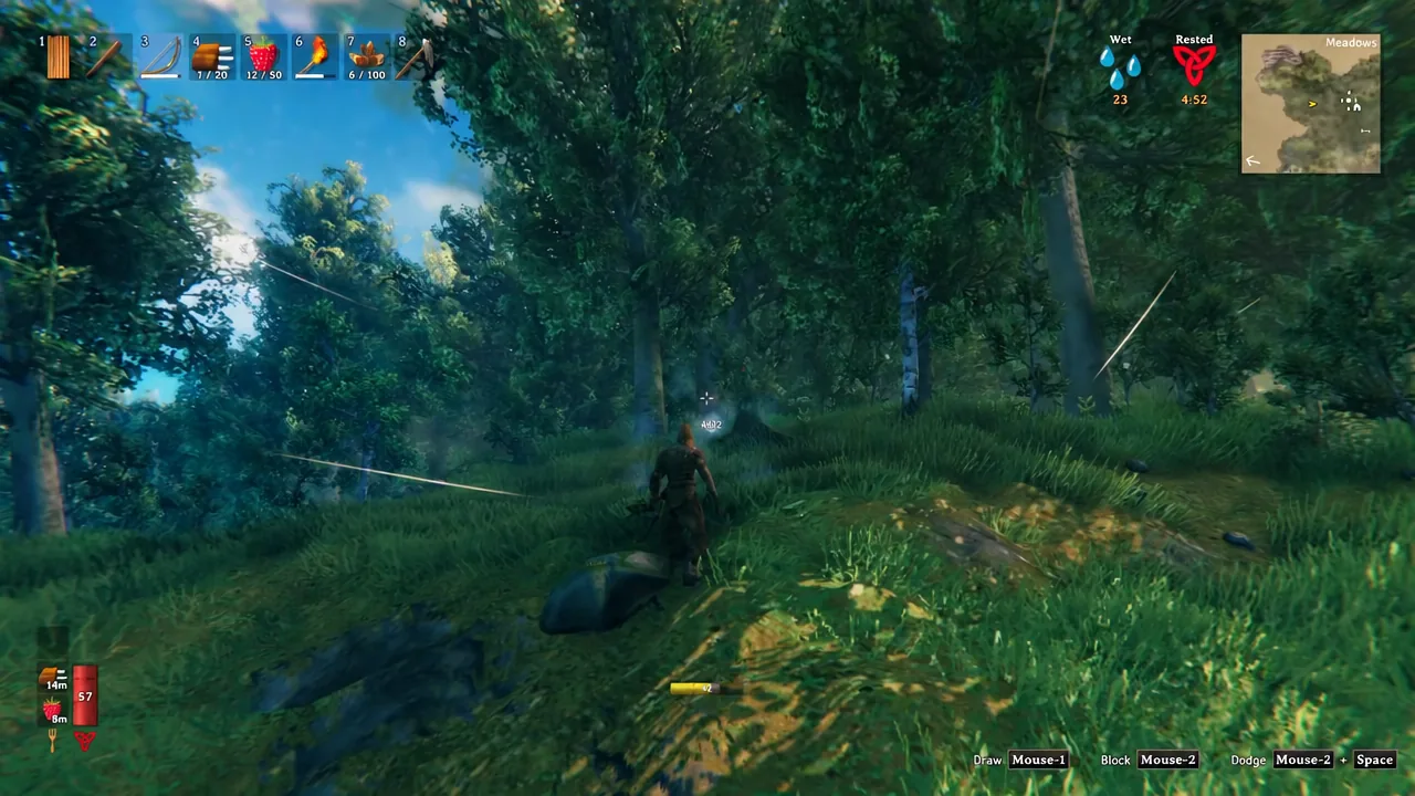 Valheim combat HUD showing the Draw prompt while the player pulls back the bow in the Meadows