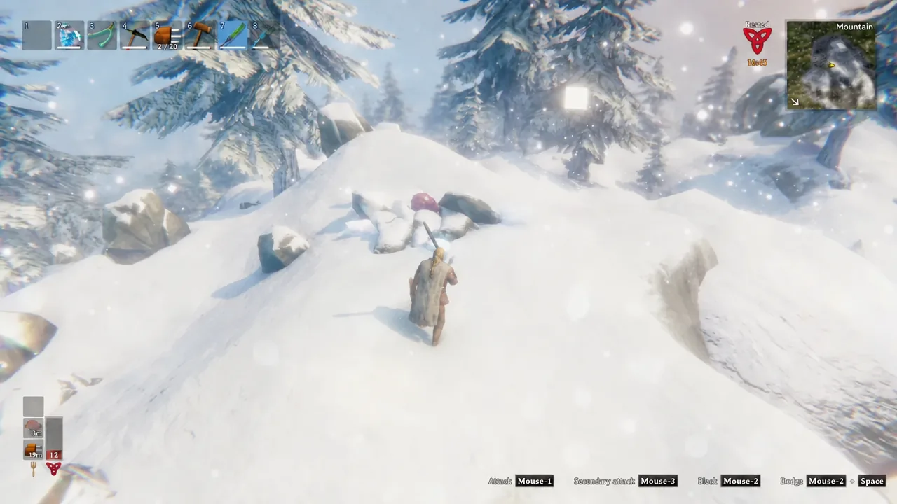Snow-covered high peaks in Valheim's Mountain biome where Drake nests hold Dragon Eggs