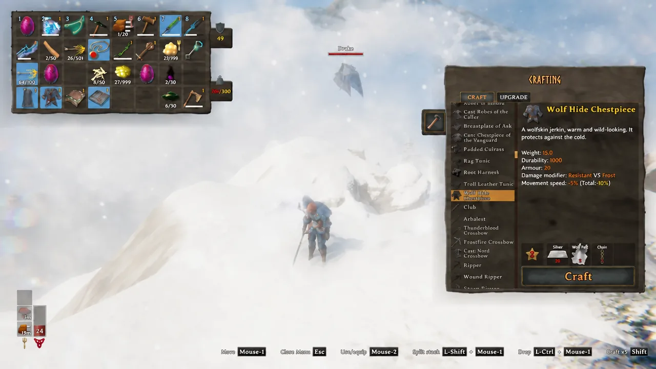 Valheim crafting menu with the Wolf Hide Chestpiece selected and its material requirements listed