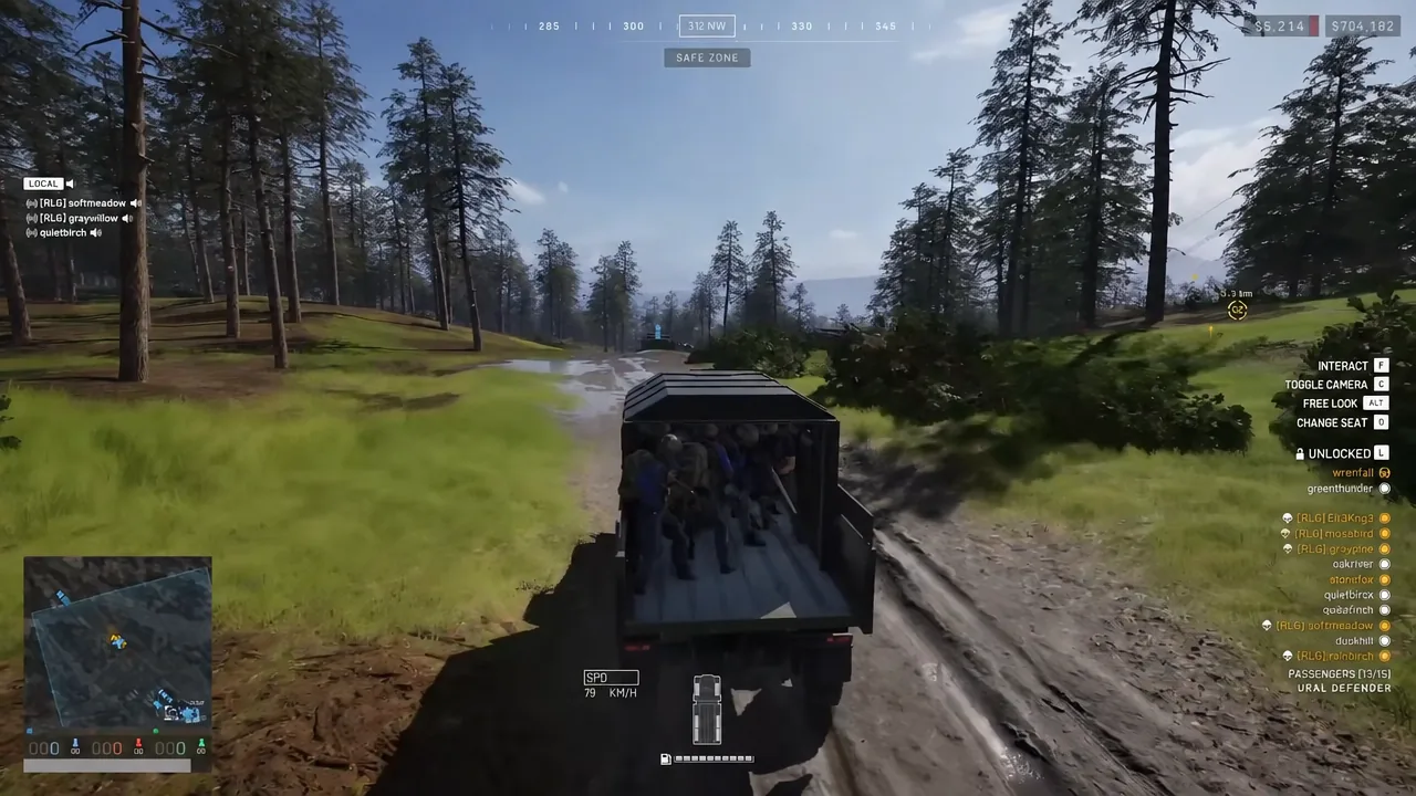 Driving a loaded troop truck along a forest road with passenger status and objective markers on the HUD