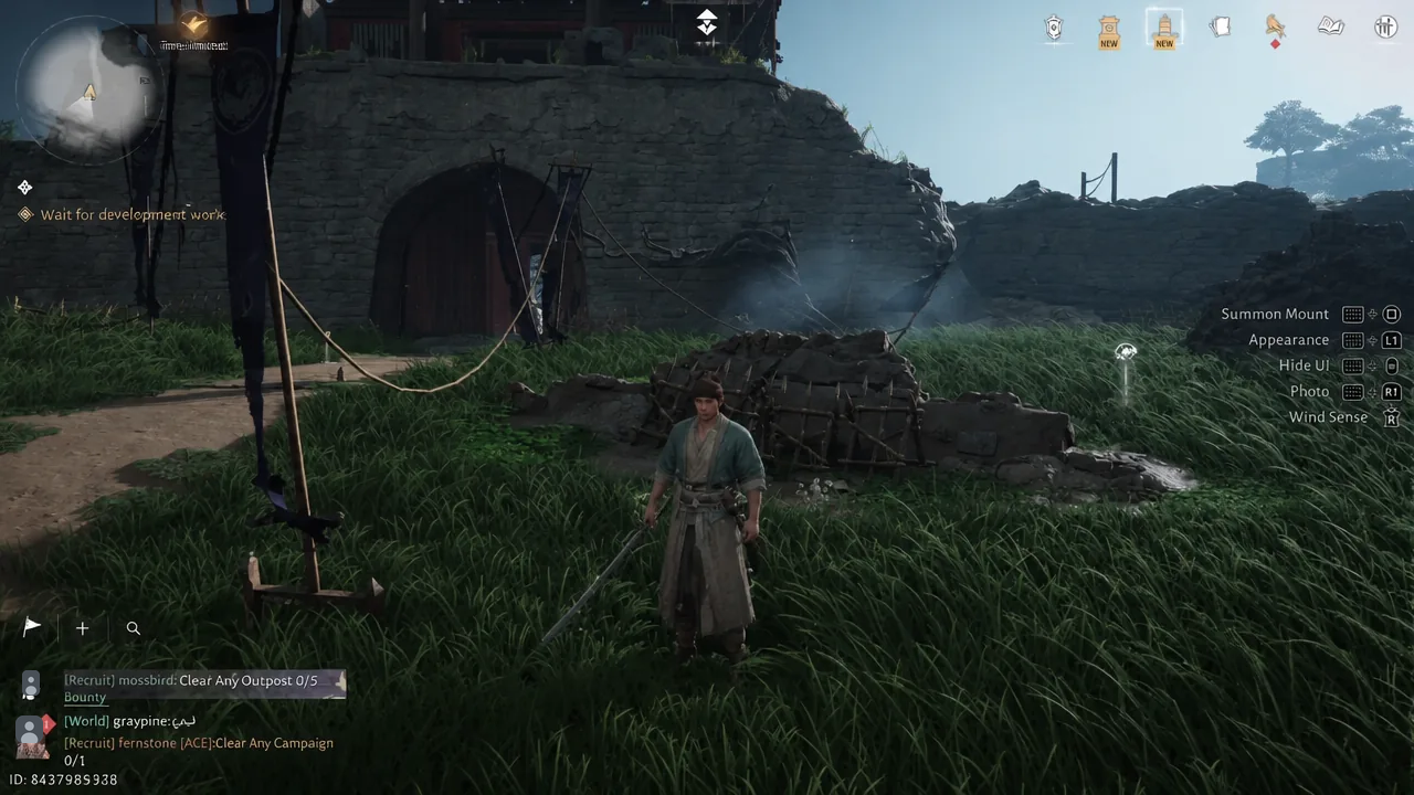 Grassy outpost in Verdant Wilds where Li Yangui waits, with the objective tracker on screen