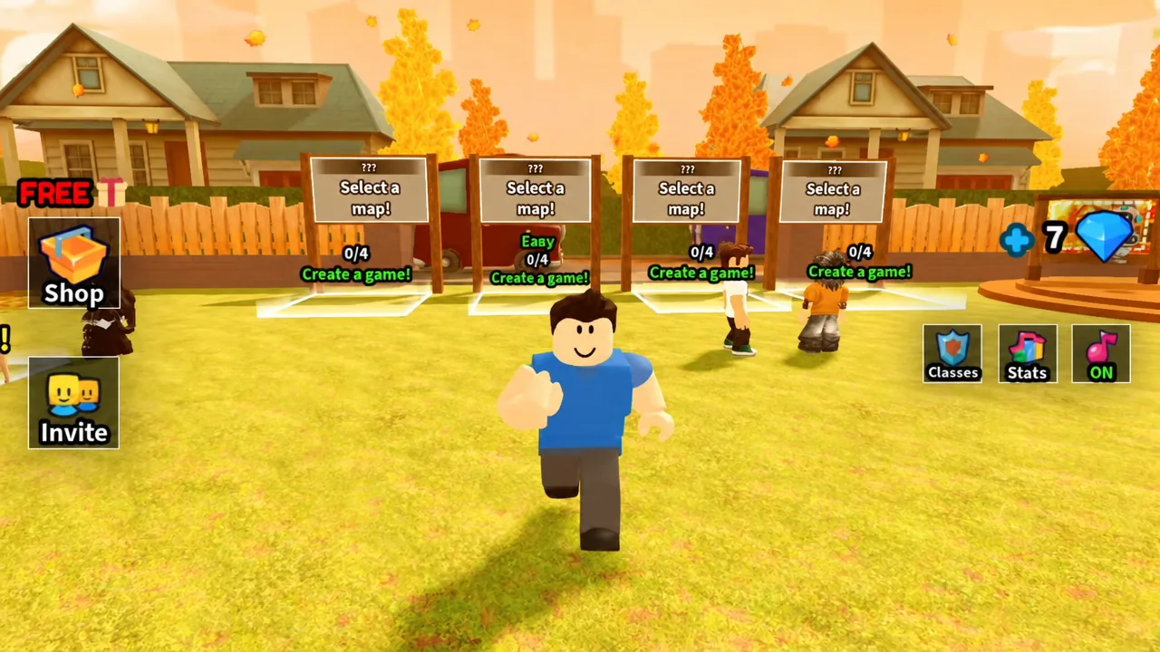 Lobby with four Select a map panels used to pick a map before a run
