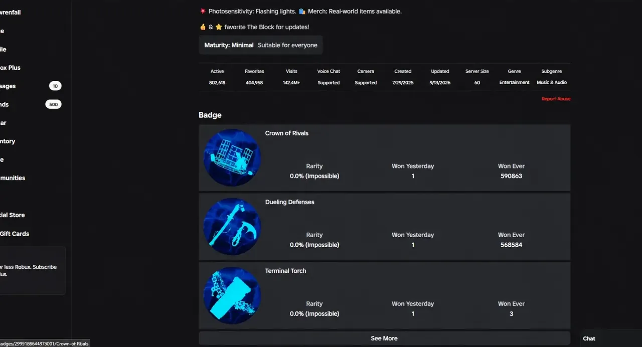Badges section of The Block experience page listing Crown of Rivals, Dueling Defenses and Terminal Torch