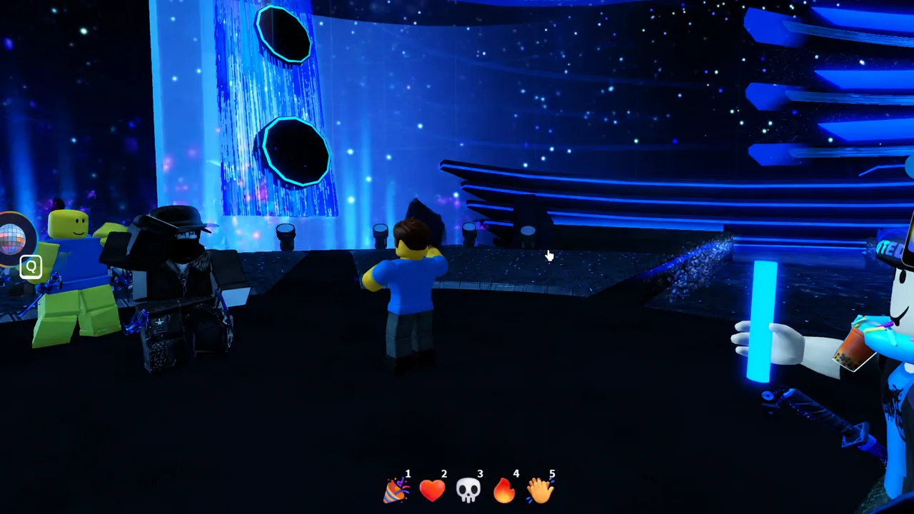 Onstage view in The Block showing a Q interaction prompt while other avatars stand nearby