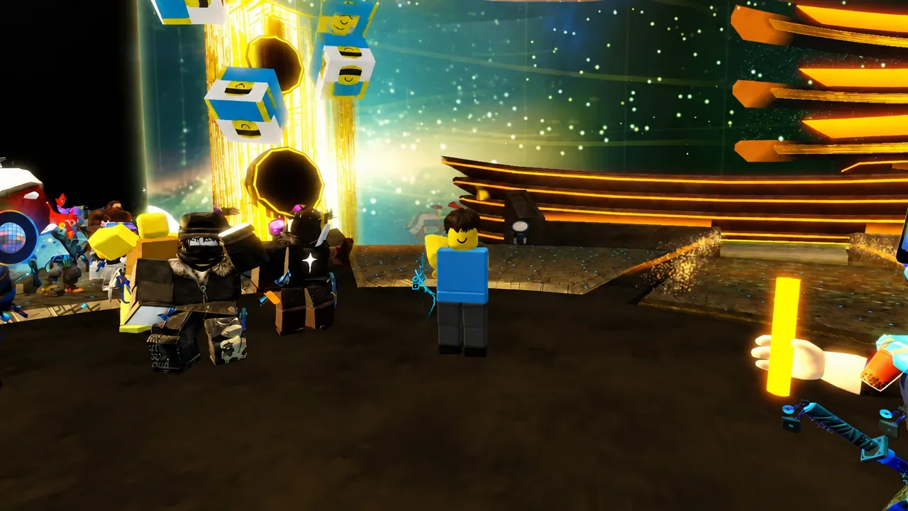 Player avatar standing among other attendees in the futuristic RIA arena with a glowing tool equipped