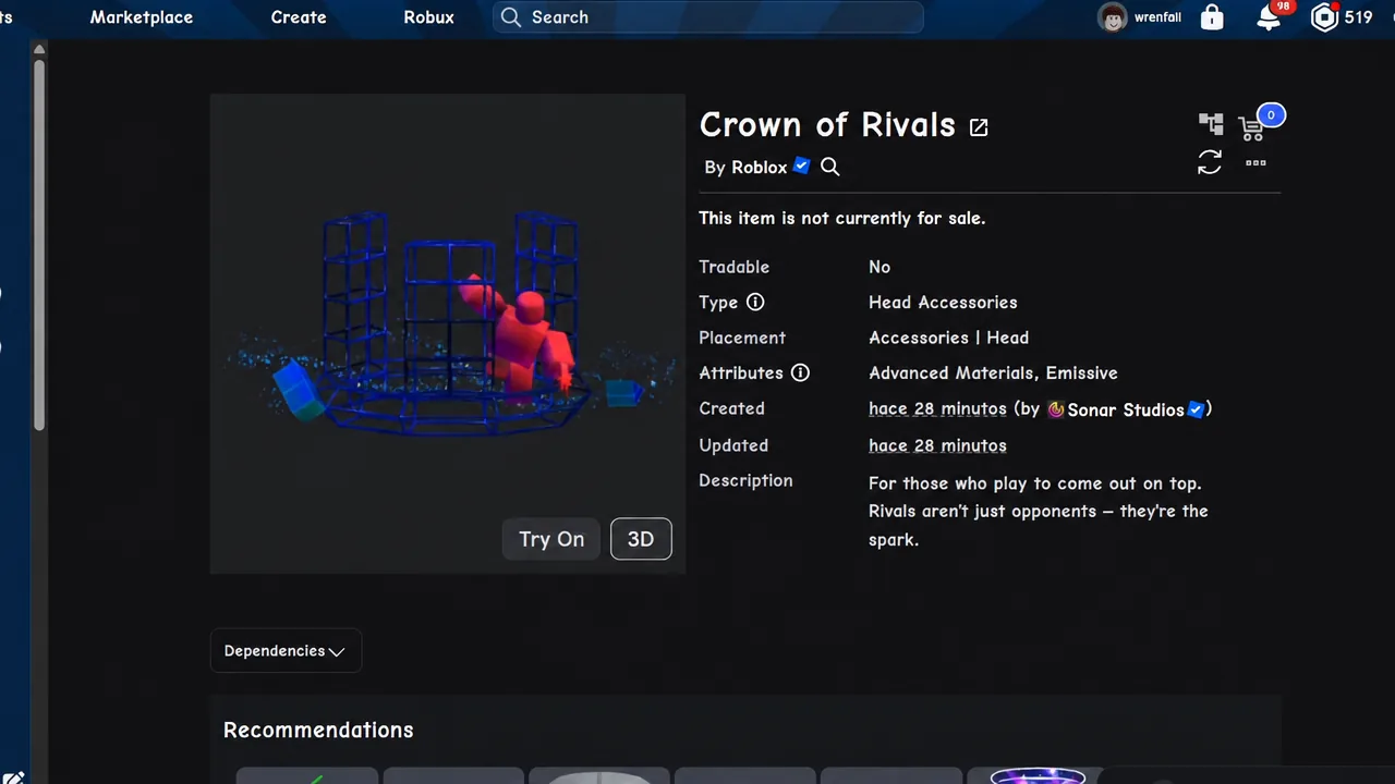 Crown of Rivals catalog page on Roblox with the Try On button visible