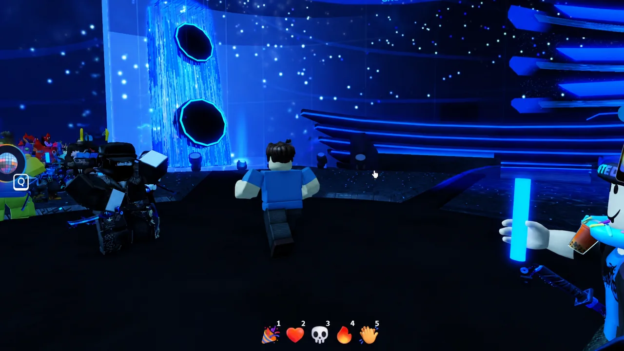Roblox avatar walking toward a glowing blue portal in The Block with a Q interaction prompt on screen