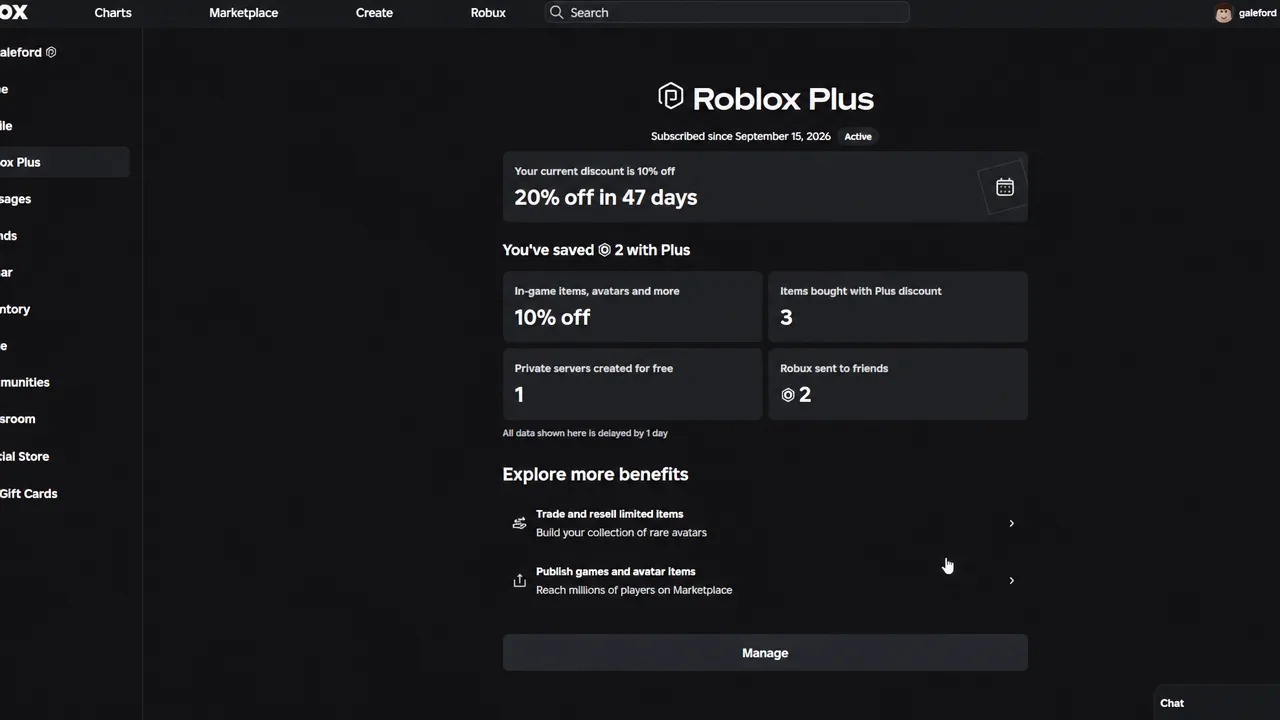 Roblox Plus subscription dashboard listing member benefits next to the Manage button