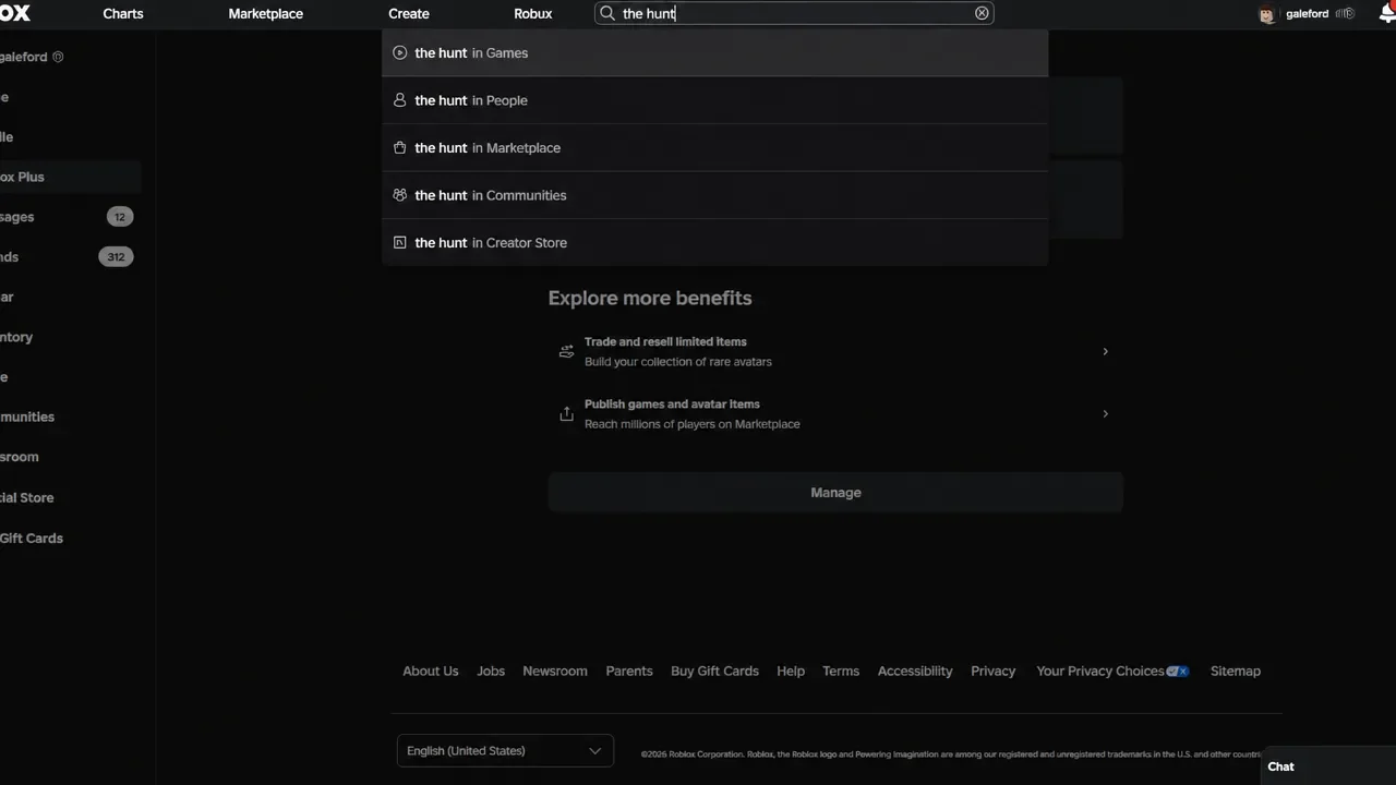 Roblox search bar with the words the hunt typed in and event experiences listed below