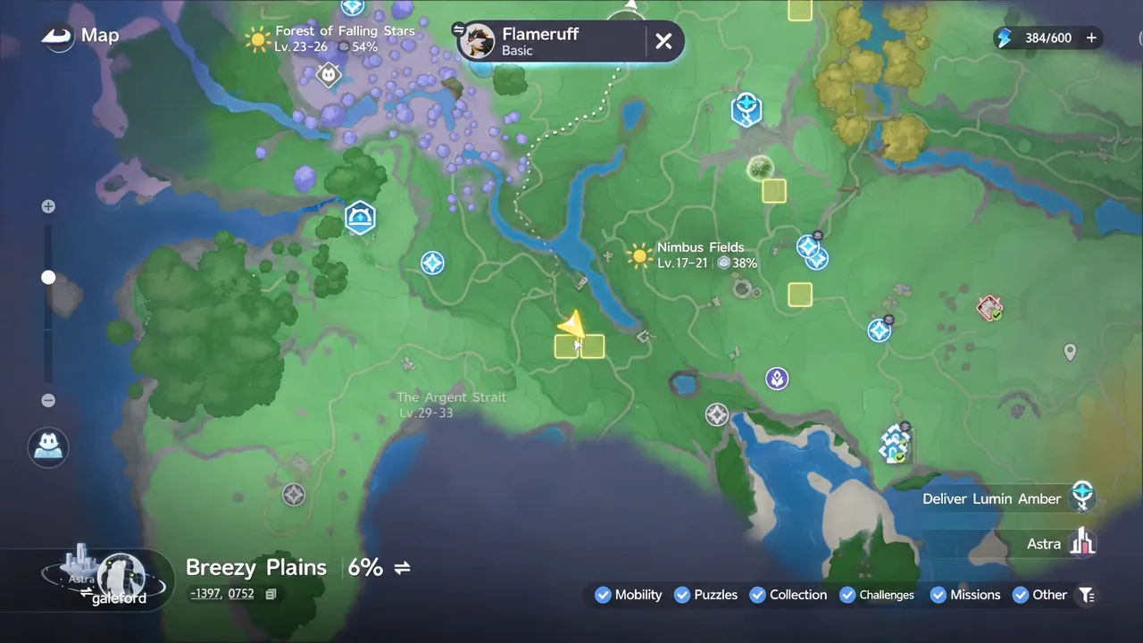 Aniimo map screen with the player marker in Breezy Plains and nearby points of interest