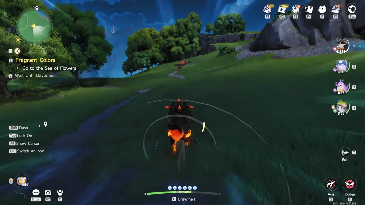 Player riding north toward the second Flameruff pack in Nimbus Fields