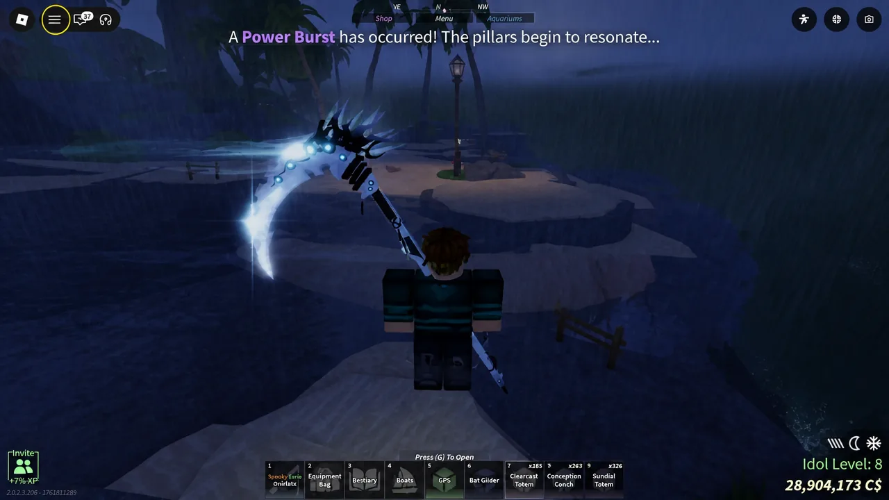 A Power Burst notification appears in Skycrest as the pillars begin to resonate