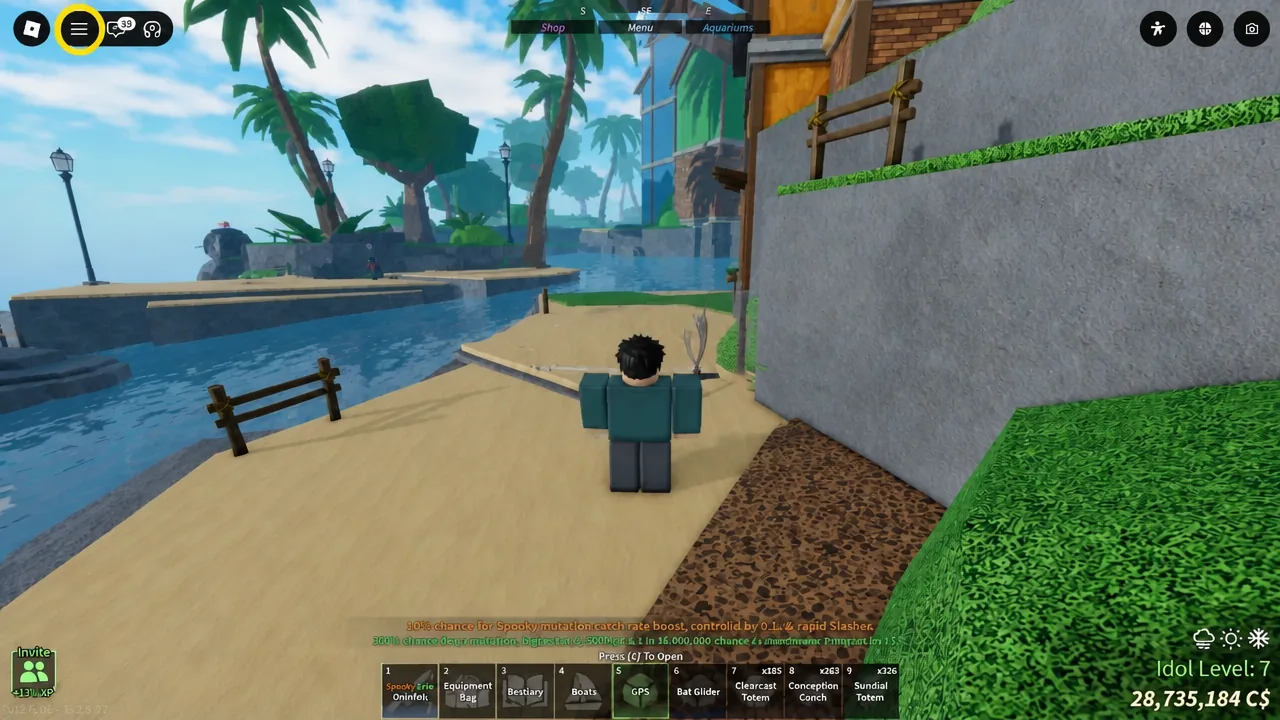 Opening the Fisch main menu from the top-left button to check the inventory