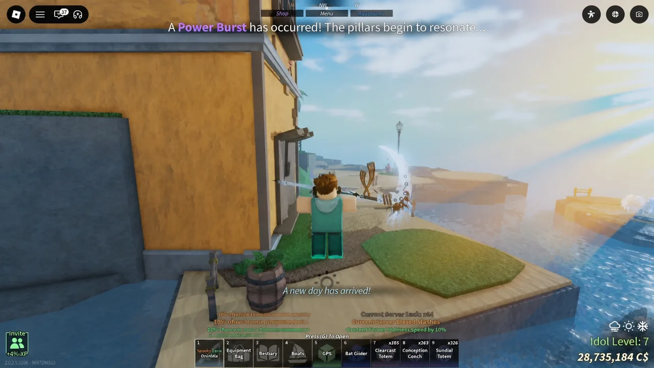 Player standing near a resonating Skycrest pillar with the GPS item selected in the hotbar