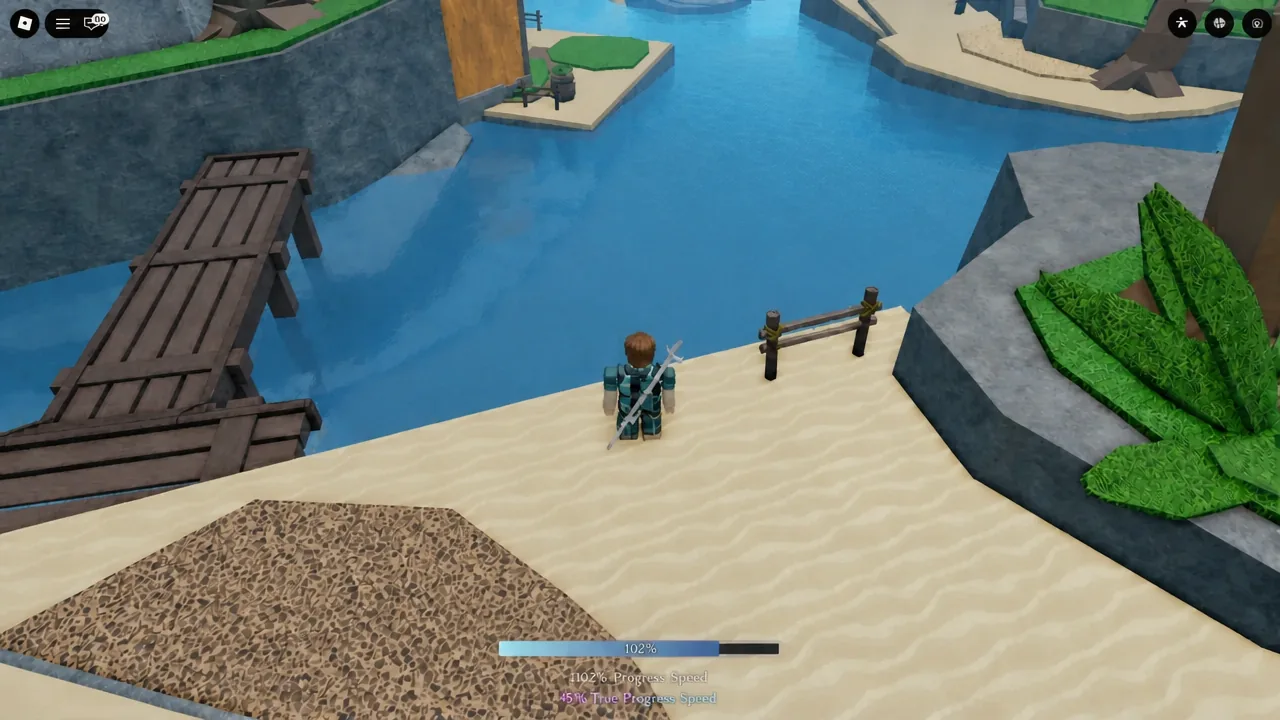 Fisch catch bar showing 102 percent progress speed at a sandy Skycrest ledge