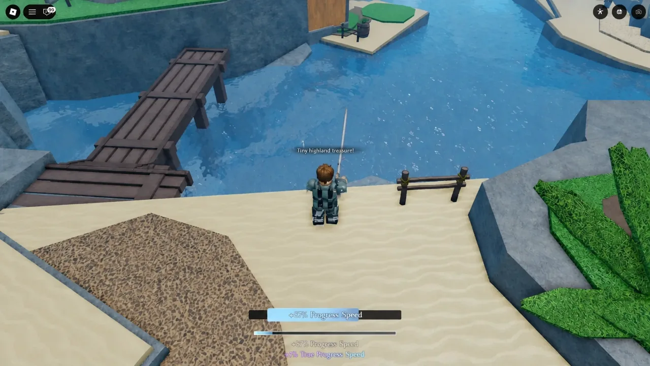Fisch catch minigame in progress with a Tiny highland treasure on the line