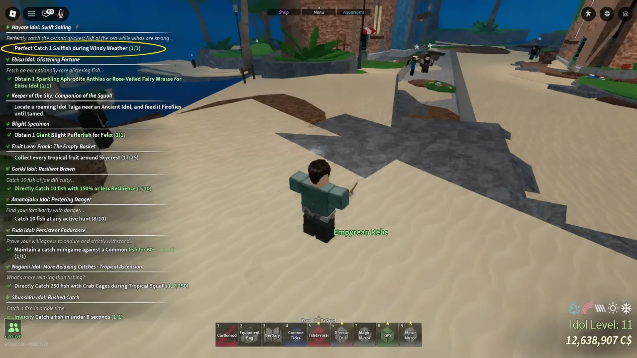 Fisch quest log showing a perfect catch objective while the player stands next to the Empyrean Relic