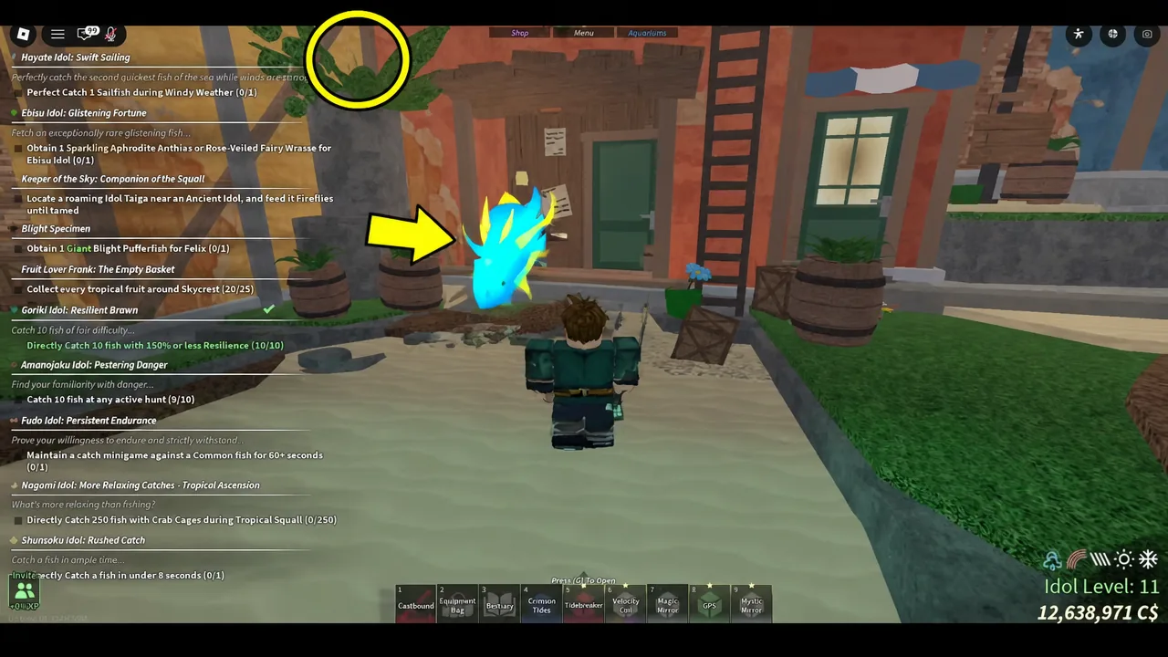 Player approaching a glowing blue fish in Skycrest
