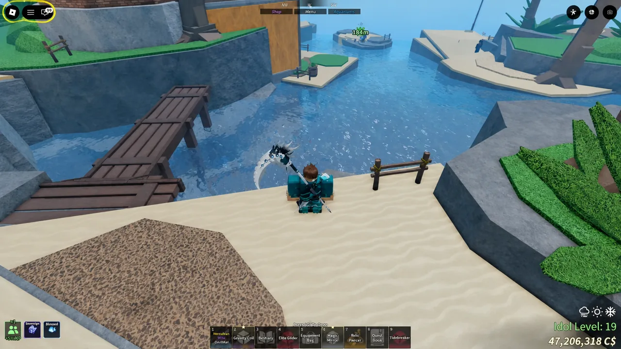 Player standing at a Skycrest shoreline preparing to cast a fishing rod