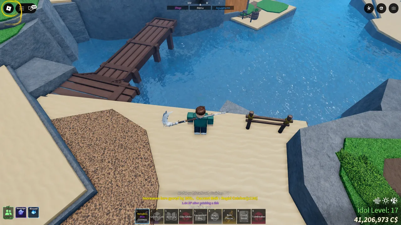 The Empyrean Relic shown in Fisch after being pulled from the water in Skycrest