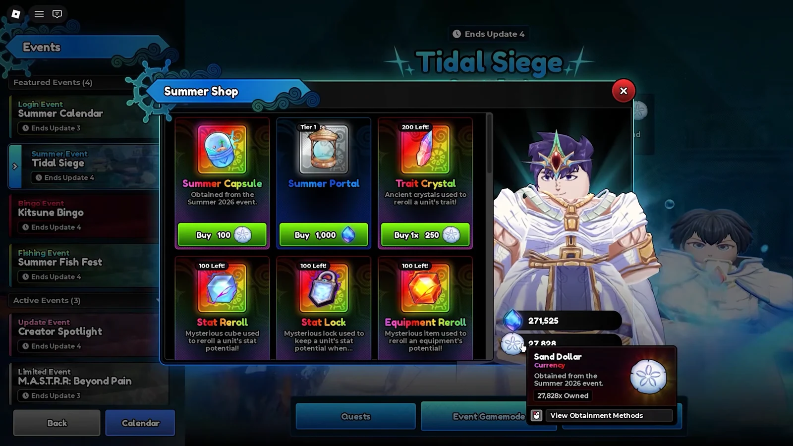 The Tidal Siege Summer Shop open with the Sand Dollar currency tooltip showing while browsing event items