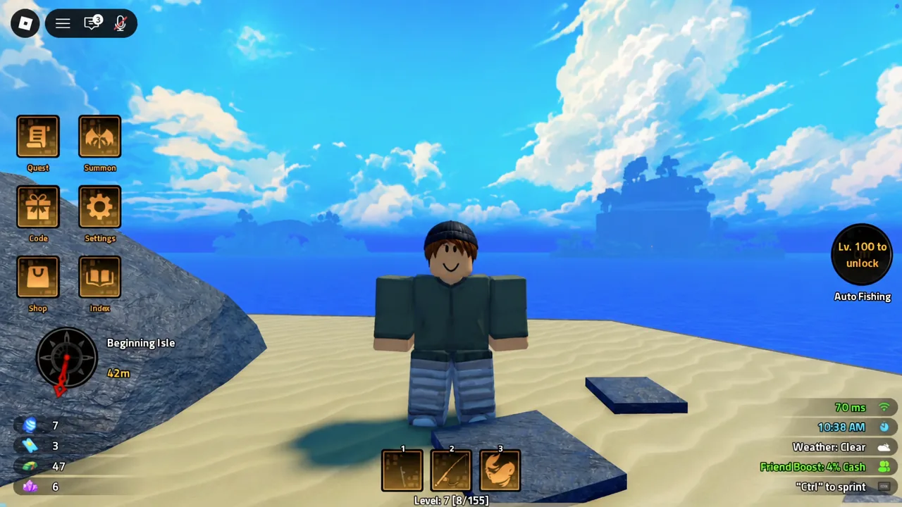 Beginning Isle in Heavyweight Fishing with the Quest, Summon, Code and Power buttons on the left