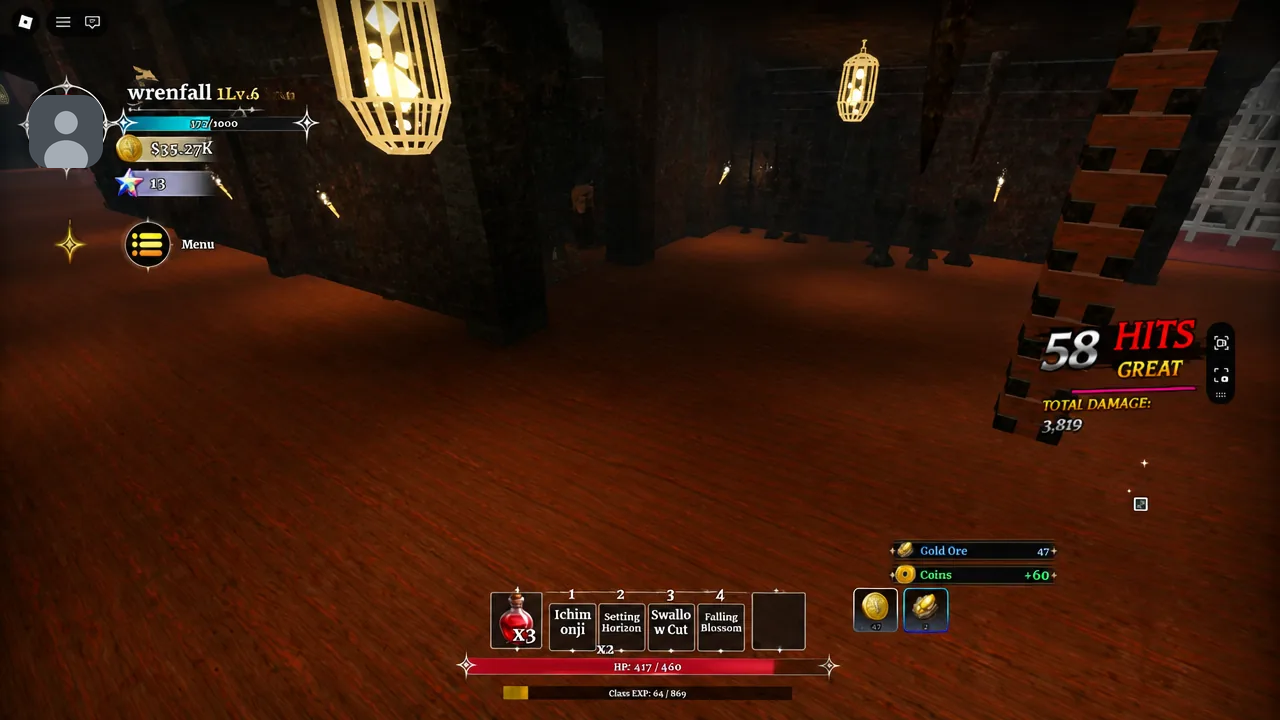 Dungeon Lootr combat with a 58-hit counter and damage totals on screen during a wave