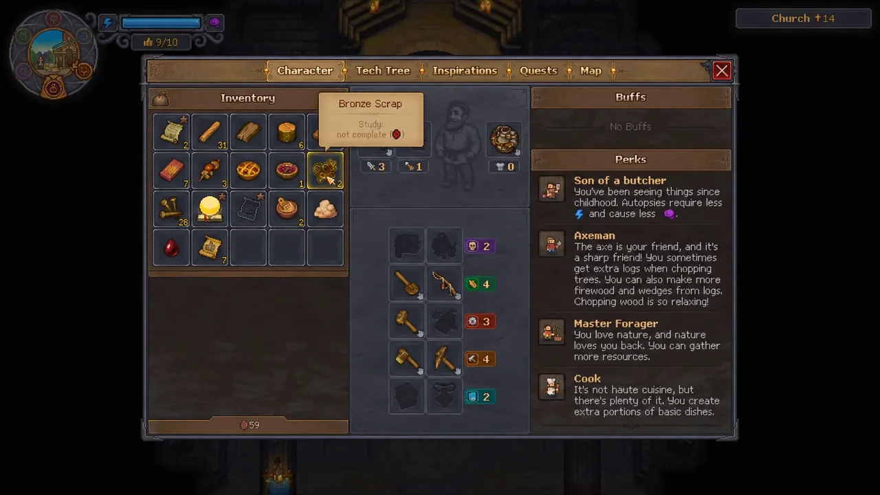 Character screen shows the Inventory’s Bronze Scrap item highlighted while its study is incomplete