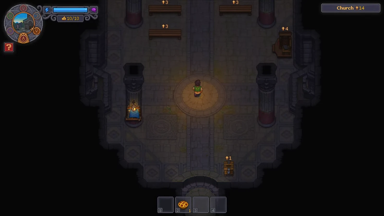 The Church interior showing benches, pillars and chests with a Church quality value displayed