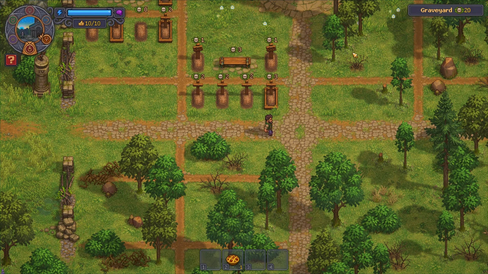 The graveyard filled with graves that display skull-quality ratings as the player walks through