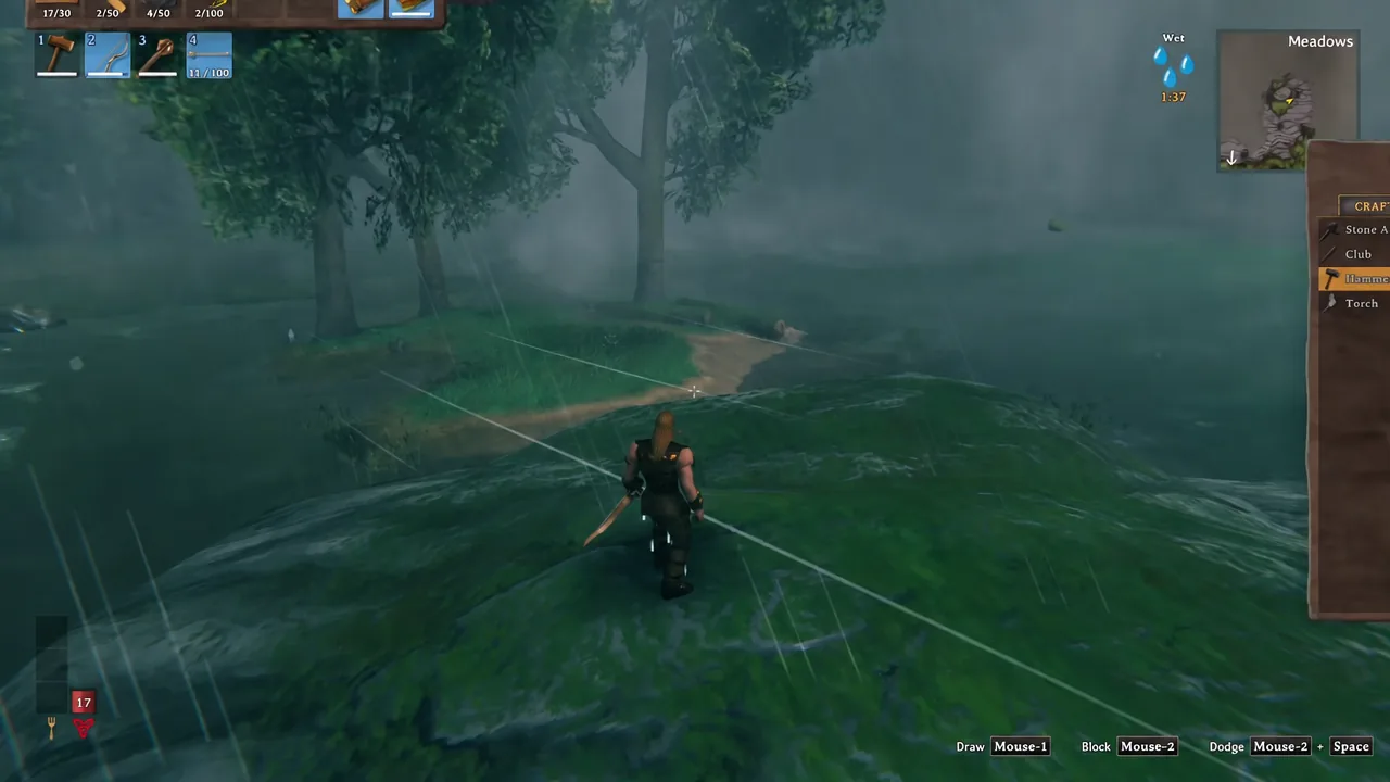 Valheim crafting menu open while rain falls over the Meadows