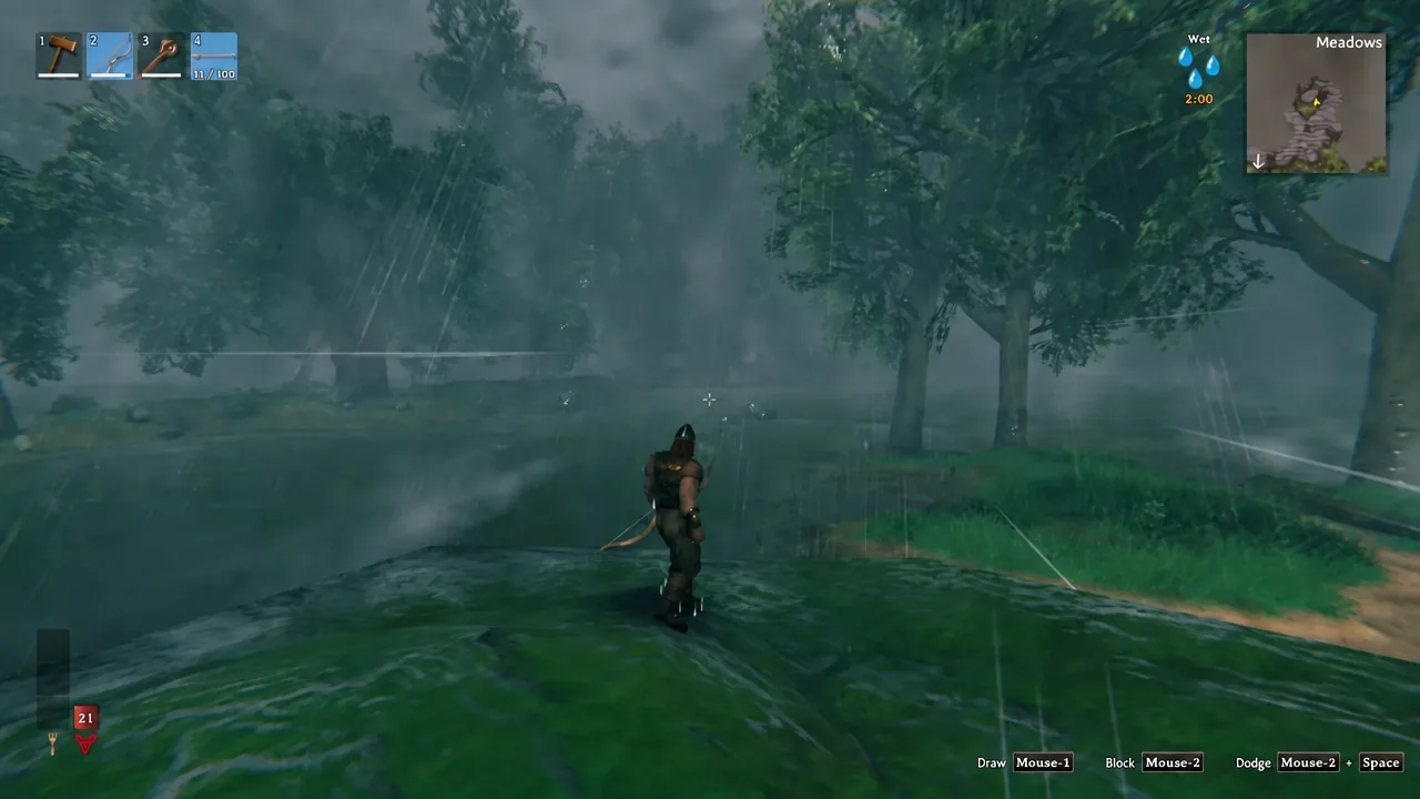 Rainy Meadows gameplay with hotbar slot 4 selected and Draw, Block and Dodge prompts on screen
